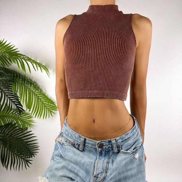 Vintage Y2K Brown Ribbed Indie Indie Sleeveless Turtleneck Cropped Tank Top / M - Picture 3 of 5